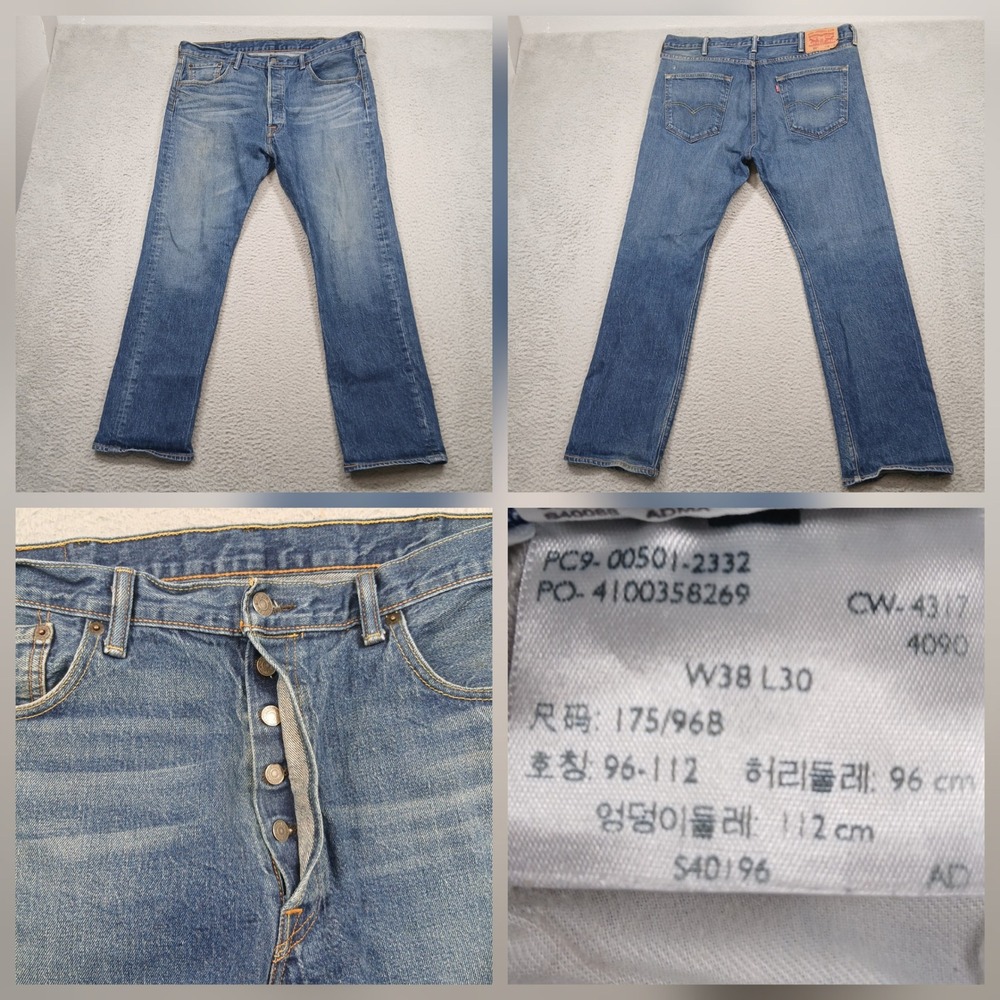 Levi's 501 Button Fly Jeans Men's W38 L30 Blue Denim Straight Leg